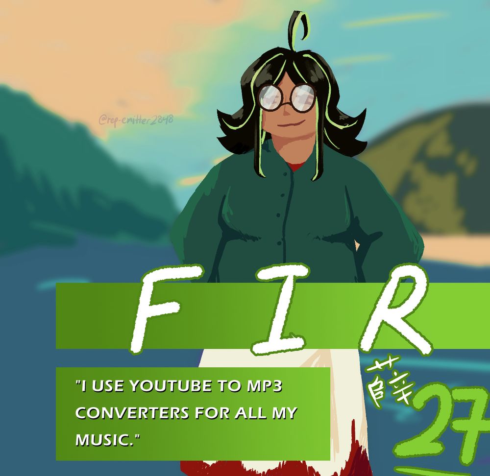 Fir, wearing casual clothes and with a smug look on her face. Below her is the following captioned information: Fir Xue (written with the Chinese character), 27. "I use Youtube to MP3 converters for all my music."