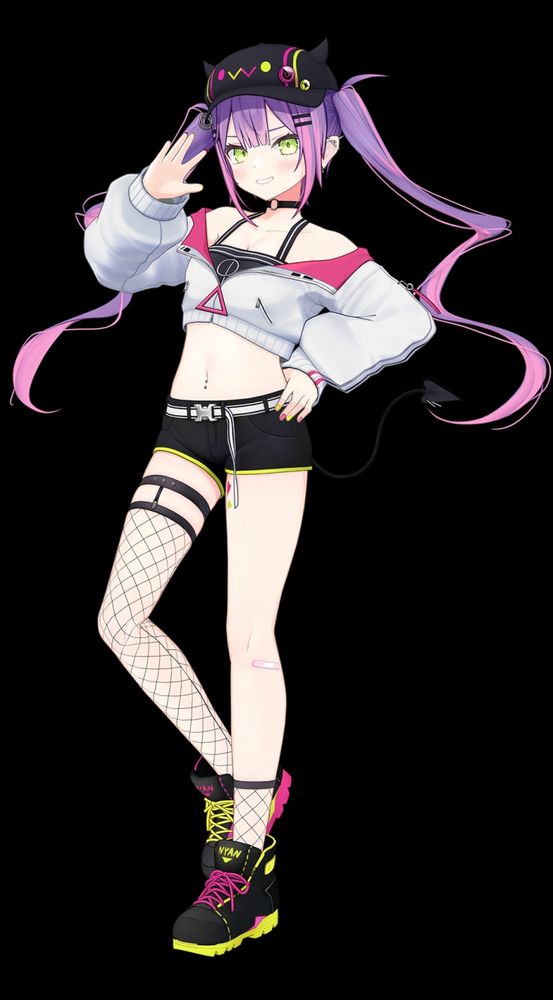 Hololive Japan Vtuber Tokoyami Towa, she has purple hair in twin tails, green eyes, a black crop top, a white crop jacket, black shorts, and black sneakers, her clothing has pink and green accents, her nails are also pink and green, her ears are pierced, she has a devil tail that is pierced, she wears a ball cap with that is also pierced, she has fish nets on both of her legs