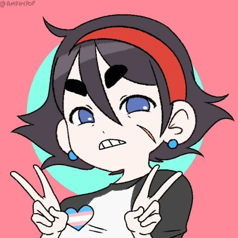 A picrew drawing of a woman with short black hair on a pink background. The woman is wearing a red hair band, a black and white baseball shirt. 