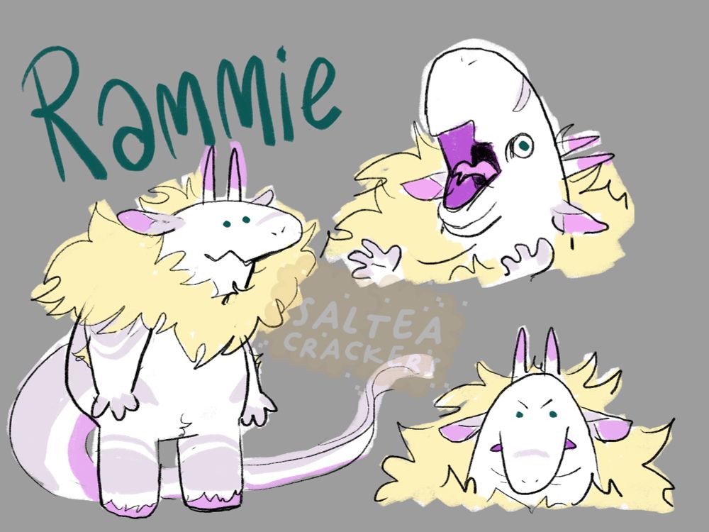 thick white and purple androgynous male dragon with a fluffy blonde mane, horns, and a long tail drawn in the style of Charlie from smiling friends, along with additional expressions of distress and angry. Grey background, the name Rammie in dark teal green.