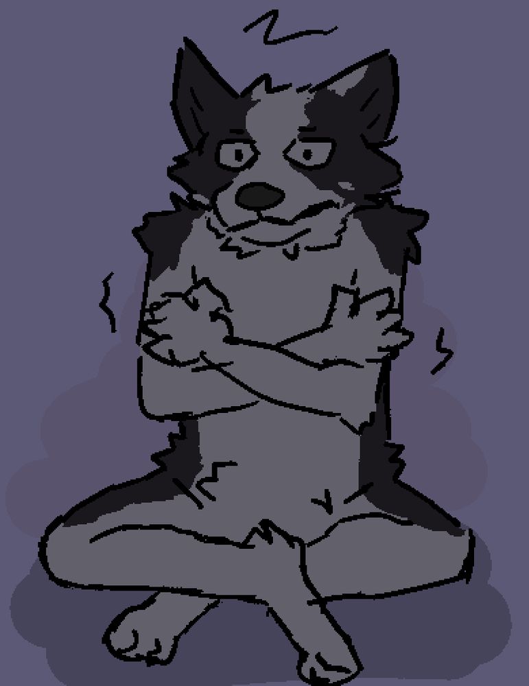 A dark-gray and white anthro border collie is sitting in a dark room, shivering since they have no clothes on. 