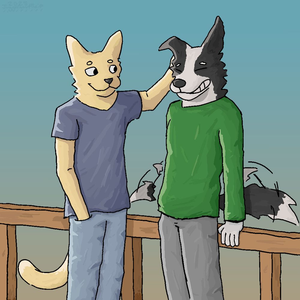 A yellow anthro cat and a black and white border collie are standing next to each other. The dog is partially leaning against a short wooden fence that stretches from the left to the right of the image. The dog is wagging its tail and smiling while getting itched behind the ear by the cat. The cat is wearing a navy blue shirt and light blue pants. The dog is wearing a green long sleeve shirt and gray pants. The dog is partially leaning against a short wooden fence that stretches from the left side to the right side of the image. The background is a gradient that starts with teal at the top and a shade of brown at the bottom.