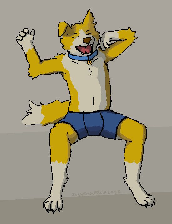 A yellow and white anthro border collie (sparky1113's character) is sitting down stretching and yawning, while being lit up by the sun. They are wearing a light blue collar and blue boxers. The background is made with 3 shades of gray.