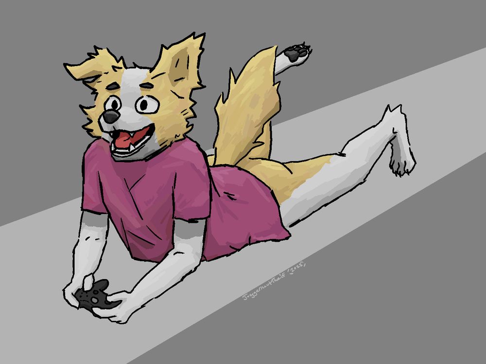 A yellow and white anthro border collie is laying down on the ground kicking their feet while playing a game. They are wearing a pink-red shirt and no pants. The background is made with 2 shades of gray with a lighter strip going from the bottom left to the top right of the image, dividing 2 darker sections of gray.