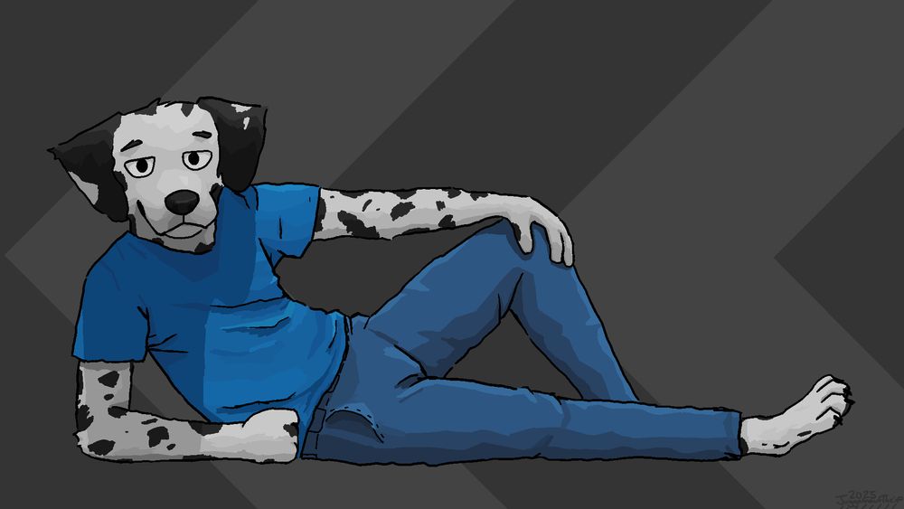 An anthro dalmatian is looking directly at the viewer while laying down and partially propping themselves up with their arm. They are wearing blue jeans and a blue shirt. The background is composed of 2 shades of gray that alternate in an arrow formation, pointing left.