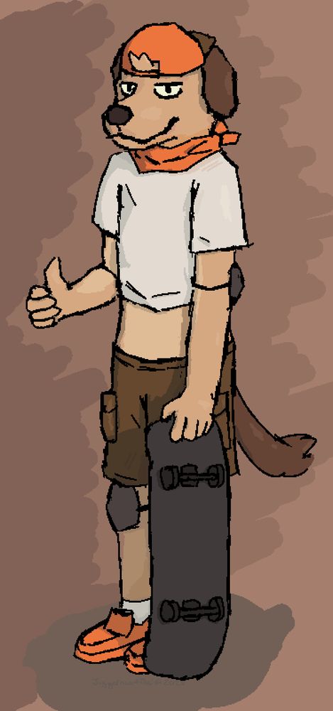 A multishaded brown dog named Thomas (radiantlyrad's character) is standing holding a skateboard in their left hand and giving a thumbs up with their right hand. They are wearing an orange hat, orange bandana, and orange shoes, additionally they are wearing a white shirt that exposes some of their belly, and brown cargo shorts. They are wearing elbow and knee pads.