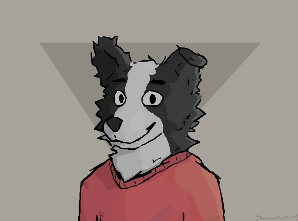 An dark-gray and white anthro border collie is standing looking directly at the viewer, with only their torso and up visible. They are wearing a red sweater. The background is made of 2 grayish-tan colors, the darker color is center of the image with a triangle shape.