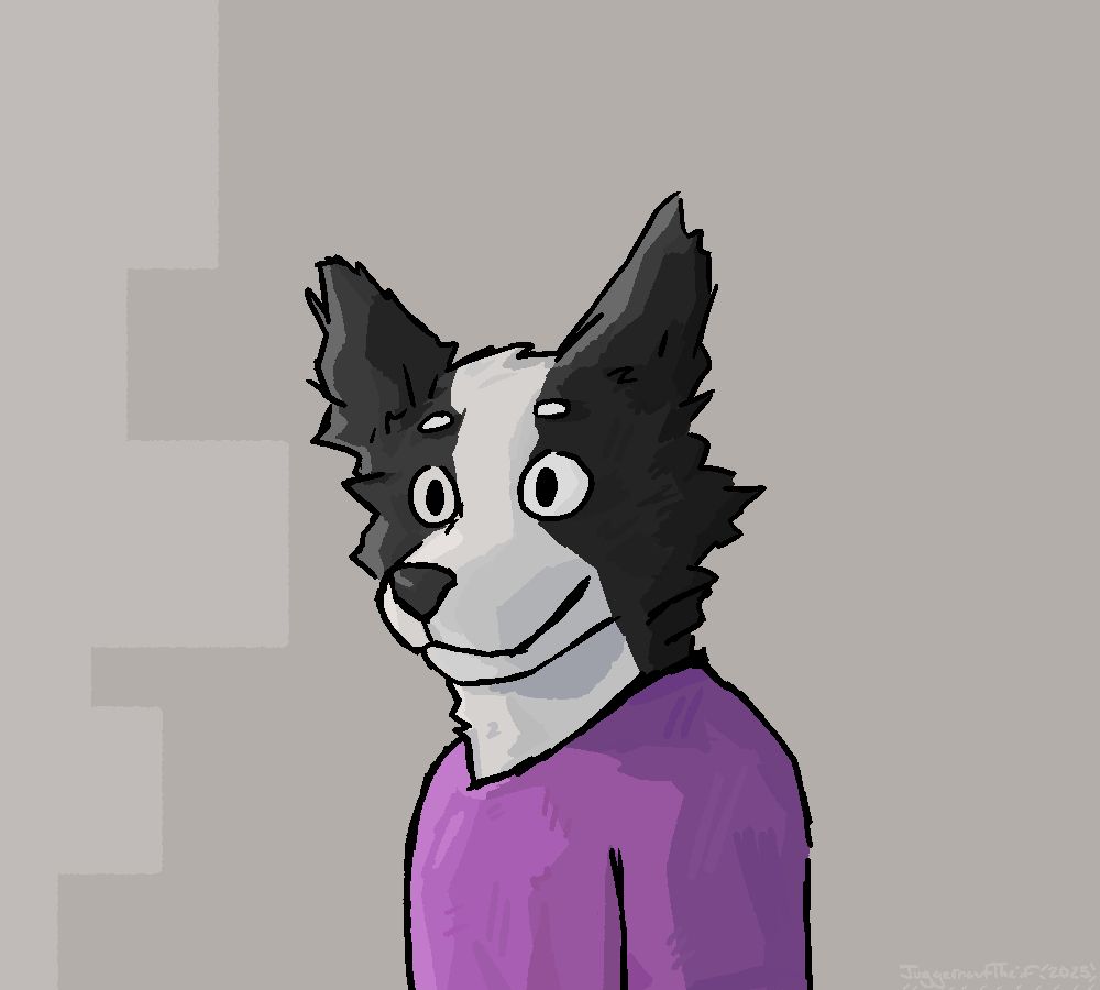 A dark-gray and white anthro border collie is standing looking somewhere in the distance. They are wearing a purple shirt. Only their torso and up is visible. The background is made with 2 tan-gray colors.