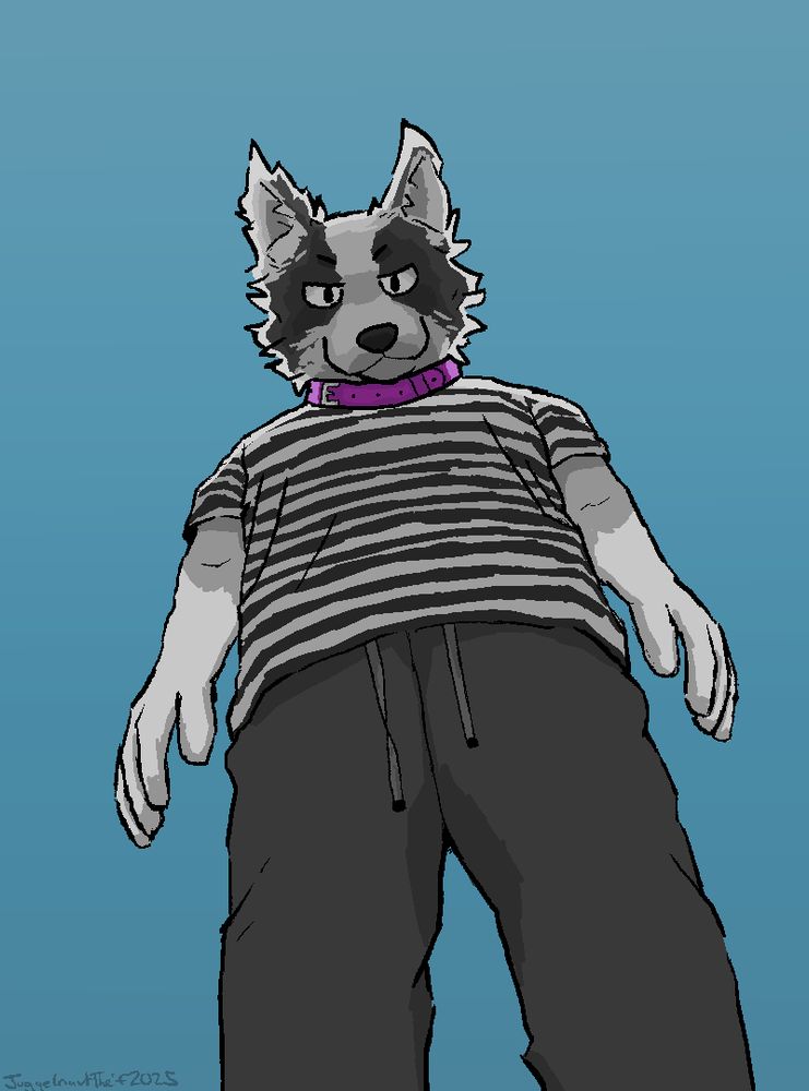 A dark-gray and white border collie is arrogantly looking down at the viewer, towering over them. They are wearing a purple collar, dark-gray pants, and a white and gray striped shirt. The background is blue, with a gradient that mimics the sky.