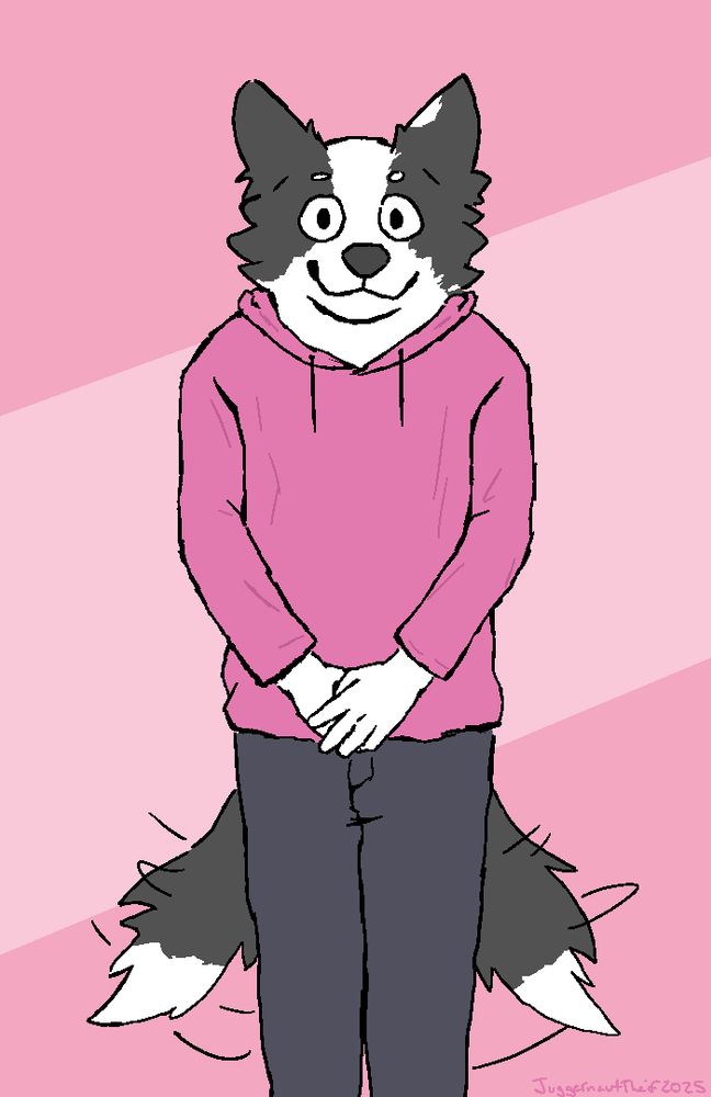 A white and gray anthro border collie is standing looking directly at the viewer while holding their hands together. They are wearing a pink hoodie and gray pants. They are very happy and are wagging. The background is made with 2 shades of pink.