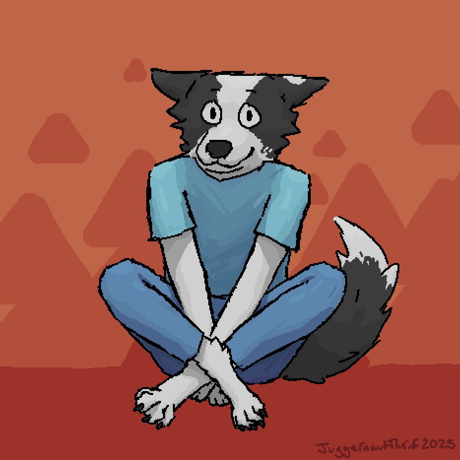 A white and gray anthro border collie is sitting down looking directly at the viewer. They are acting shy, but they have a small smile. They are wearing a light blue shirt and blue pants. The background is made with 3 shades of red/orange.