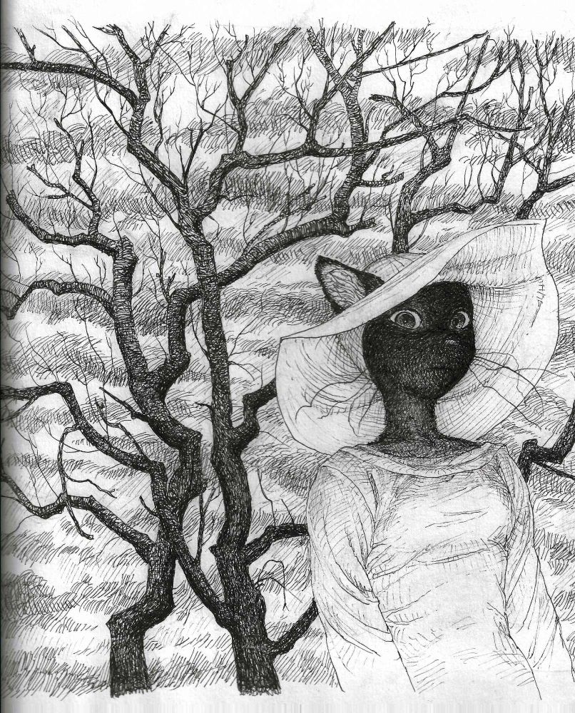 cat woman looking down at viewer with tree branches behind her