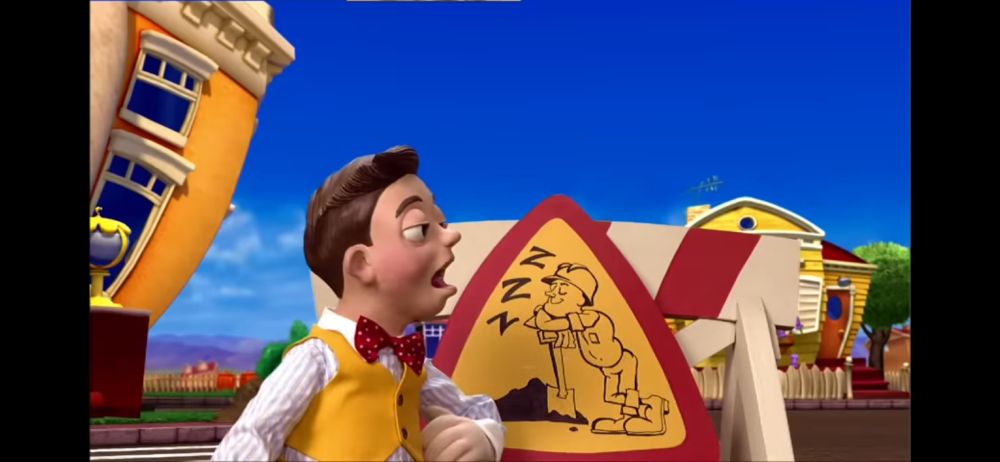 A snapshot of The Mine Song from Lazytown. More specifically, the triagonal sign.