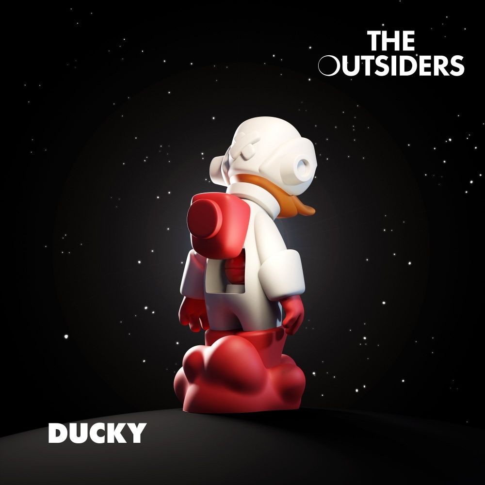 Back view of Ducky, highlighting the detailed backpack and space-themed design elements, capturing the loneliness of an astronaut lost in the vastness of space.