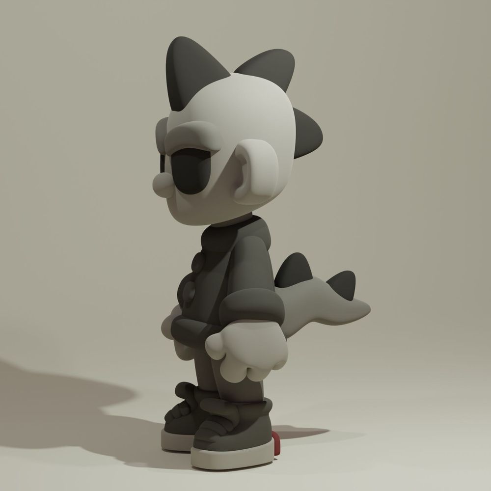 Side view of Dino Boy, a creative designer toy and art toy concept, featuring a dinosaur-inspired character with unique details and a playful, eye-catching profile.