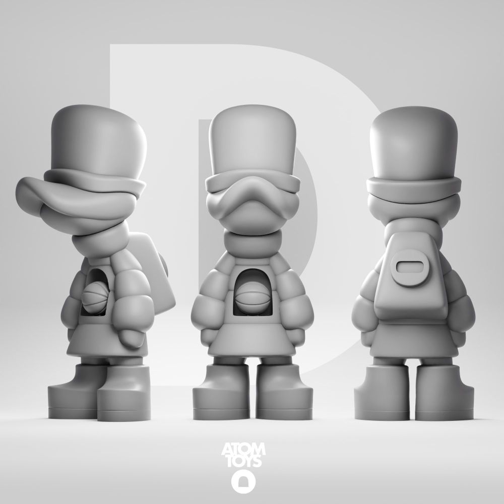Render of ducky in matte grey front side and 3 quarter art toy