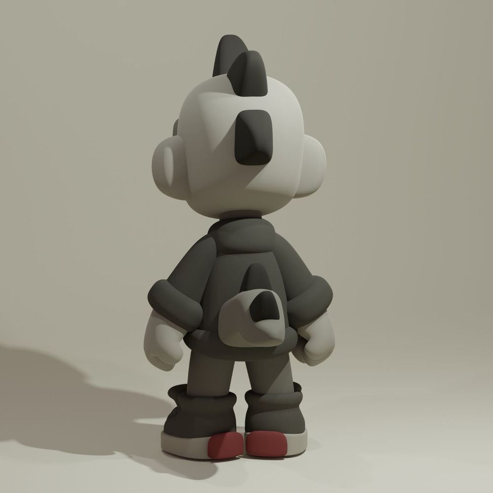 Back view of Dino Boy, an early resin toy concept blending art toy and designer toy aesthetics, showcasing intricate dinosaur-inspired details and a smooth, polished finish.