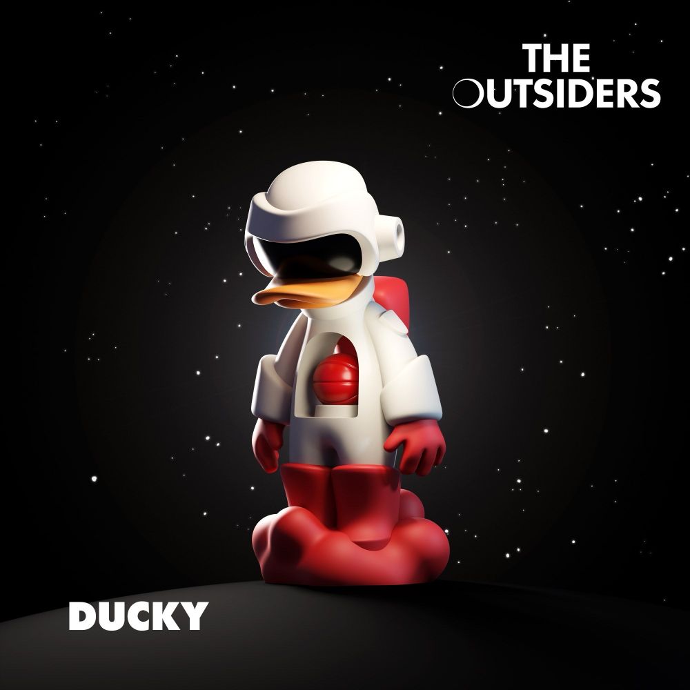 Front view of Ducky, an art toy from the Outsiders series, showcasing the astronaut-inspired design with intricate details and a reflective helmet symbolizing isolation and longing.