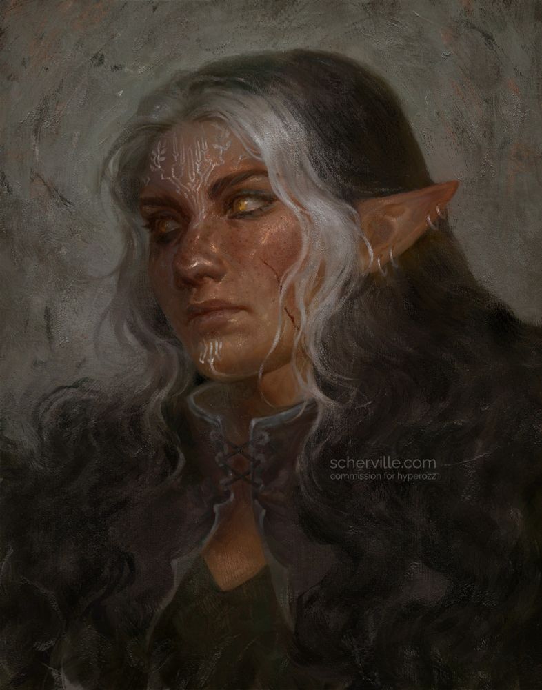 A portrait of my bg3 tav, Selrin, by @scherville.com. Selrin is a wood half-elf with tan skin and freckles, and golden eyes. She has a white tattoo on her face and a scar on her left cheek. Her long black hair hangs loose over her shoulders and her dark clothing. Strands of white hair frame her face. She gazes off to the side with an expression that is both pensive and alert.