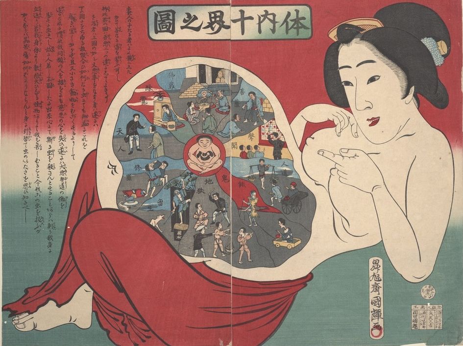 This print serves as a parodic rendering of the Kanjin jukkai zu (Ten Realms Mandala), a graphic text that extols the teachings of Buddhism, visible within the abdomen of a geisha-like woman, with the kanji character for "heart" in the center. The Ten Realms illustration functions here to reflect the new, modern world of Meiji-era Japan, in which the upper realms depict those who commit good deeds and the lower realms, evil.
The text in the upper left explains the importance of treating all living things, even insects, with the same respect as is given to humans, and without losing one's sense of compassion. The text and image combined present a perspective of re-evaluating even Buddhist teachings within the context of modern society.
Title: Fubu no on o shiru zu
Date: 1880
Collection: UCSF Japanese Woodblock Print Collection
Owning Institution: UC San Francisco, Library, Special Collections
Source: Calisphere
Date of access: December 5 2024 15:37
Permalink: https://calisphere.org/item/ark:/13030/hb2r29p0bv/
