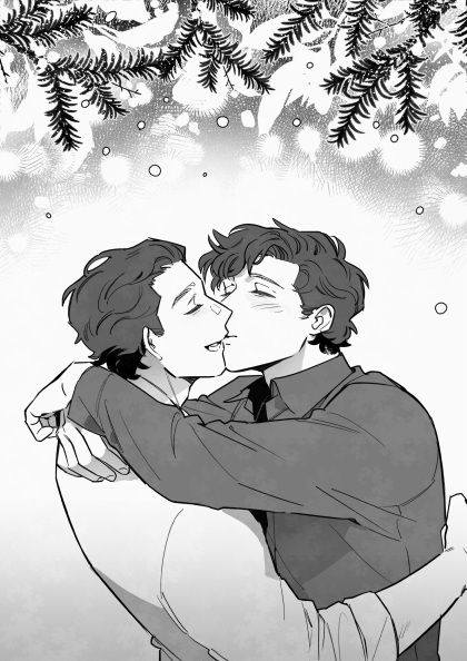 Marc and Steven from the Moon Knight are kissing under the mistletoe