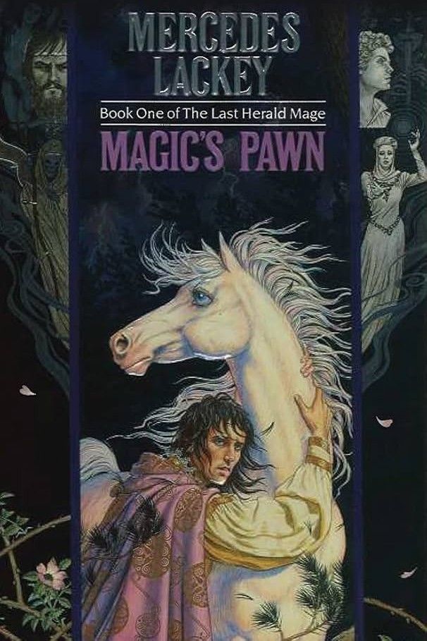A dark haired young man leaning against and with his arm around a white horse. The book cover for Magics Pawn, book one of the last herald mage, by Mercedes Lackey.