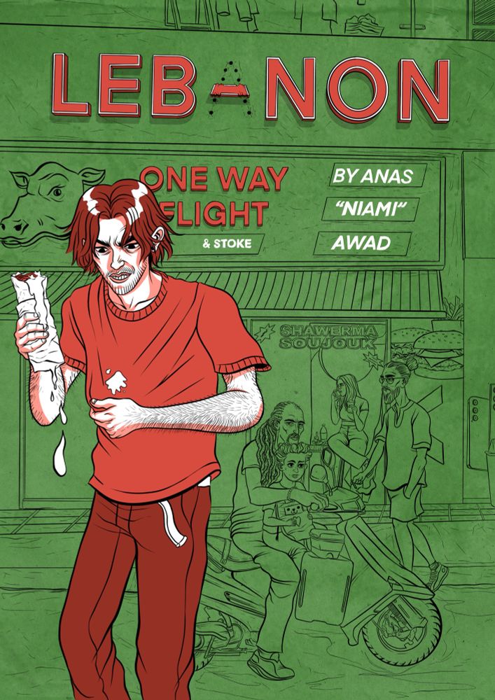 A man who has dropped garlic sauce on his top from a shawarma. Background shows shawarma shop.