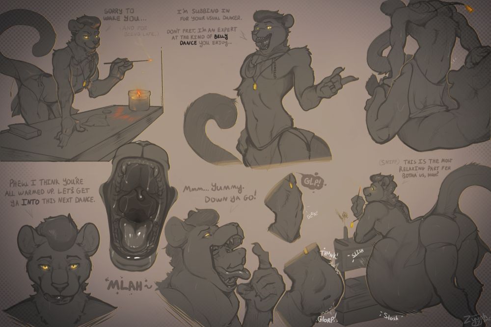 A handsome king cheetah arrives in the bedchamber. He's not the usual dancer, and his methods turn toward the bizarre. After consuming the viewer-insert he sways his hips, as if to display some effort to keep calling the situation "belly dancing." For K1NG_M1DA5