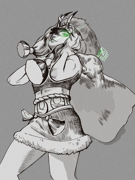 Artemis, who has a smirk on her face, is using her hands to hold her hood in place. She's looking off camera, a spark of green light is coming out of her left eye.