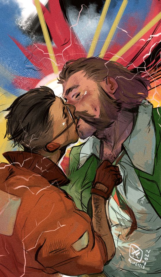 Kim Kitsuragi pulling Harry Du Bois by his tie and into a kiss, lightning flying around them. The background is an explosion of colors, with a small, bright halo surrounding the two men's faces.
