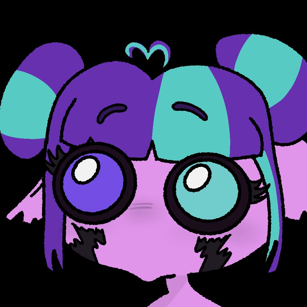 Emote of a pink skinned goblin with heterochromia, purple and teal wide eyes. Black markings on cheeks. Purple hair done up in buns with teal streaks.
