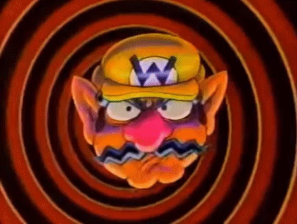 a cartoon character with a w on his hat is in a hypnotic spiral .