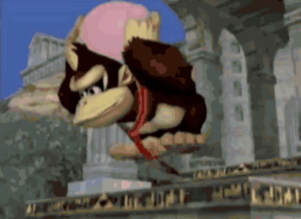 donkey kong is flying through the air in a video game scene