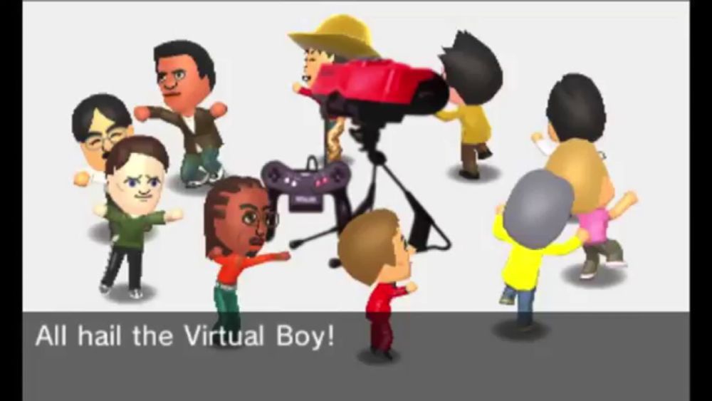 a cartoon of a group of people with the words all hail the virtual boy at the bottom