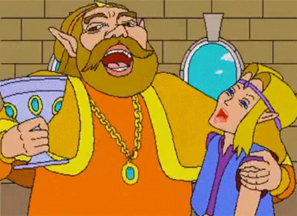 a cartoon of a man with a beard holding a cup next to a woman