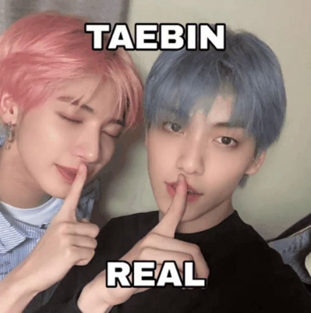 two boys with their fingers on their lips and the words taebin real written above them