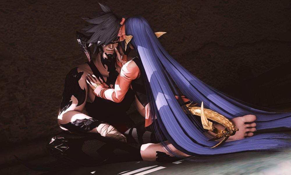 Anzu and Sidurgu sit curled up on a bed in an inn room at The Forgotten Knight. Anzu sits with her back towards us, her hands resting on Sid's chest and face to check for injuries. She sits curled up between his legs. Sidurgu sits with his back against the wall, smiling softly down at Anzu.