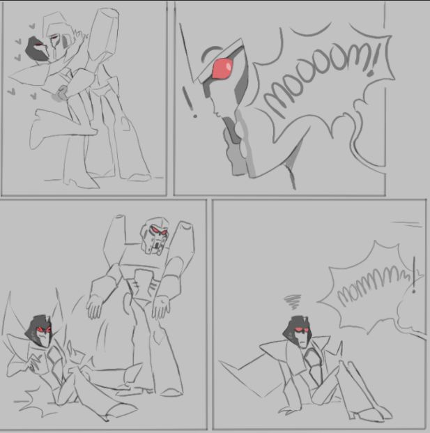 4 panel comic of transformers animated megatron & starscream
panel 1: megatron embracing starscream about to kiss
panel 2: megatron hearing sari call out for her mom (him)
panel 3: megatron dropping starscream on the floor
panel 4: starscream sitting on the floor by himself as megatron walks away, sari still calling for her mom