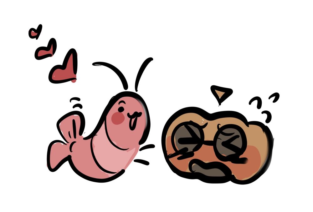 Shy Pumpkin 🎃💦 
& Cheerful Shrimp 🦐💕✨