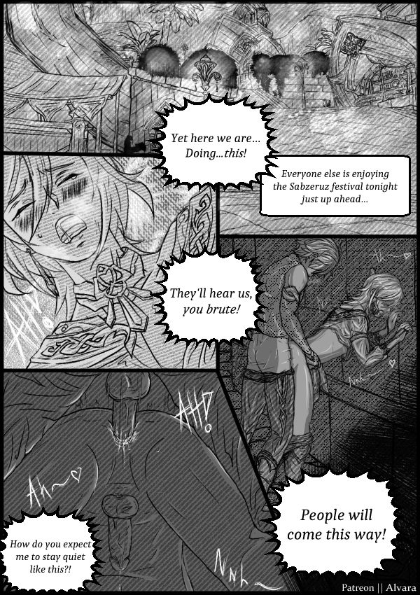 Manga style art of Alhaitham railing Kaveh doggy style in public.