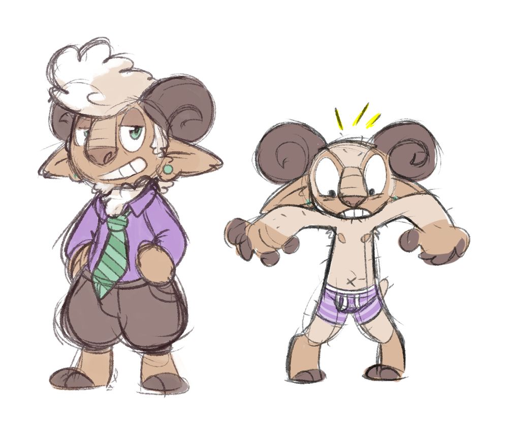 Ancient doodles of "Sheepmonster Stan", a sheep satyr.

In the first one he's fully clothed with a purple button-up shirt and a green striped tie, and is standing confidently with his hands on his hips.

In the second one his wool has been shaved off, and he's looking surprised and upset, and he's only wearing purple striped boxer briefs.

These two are from like, 2017, when Glenn's head was an orb, and I hadn't made him chubby yet. Gross!
