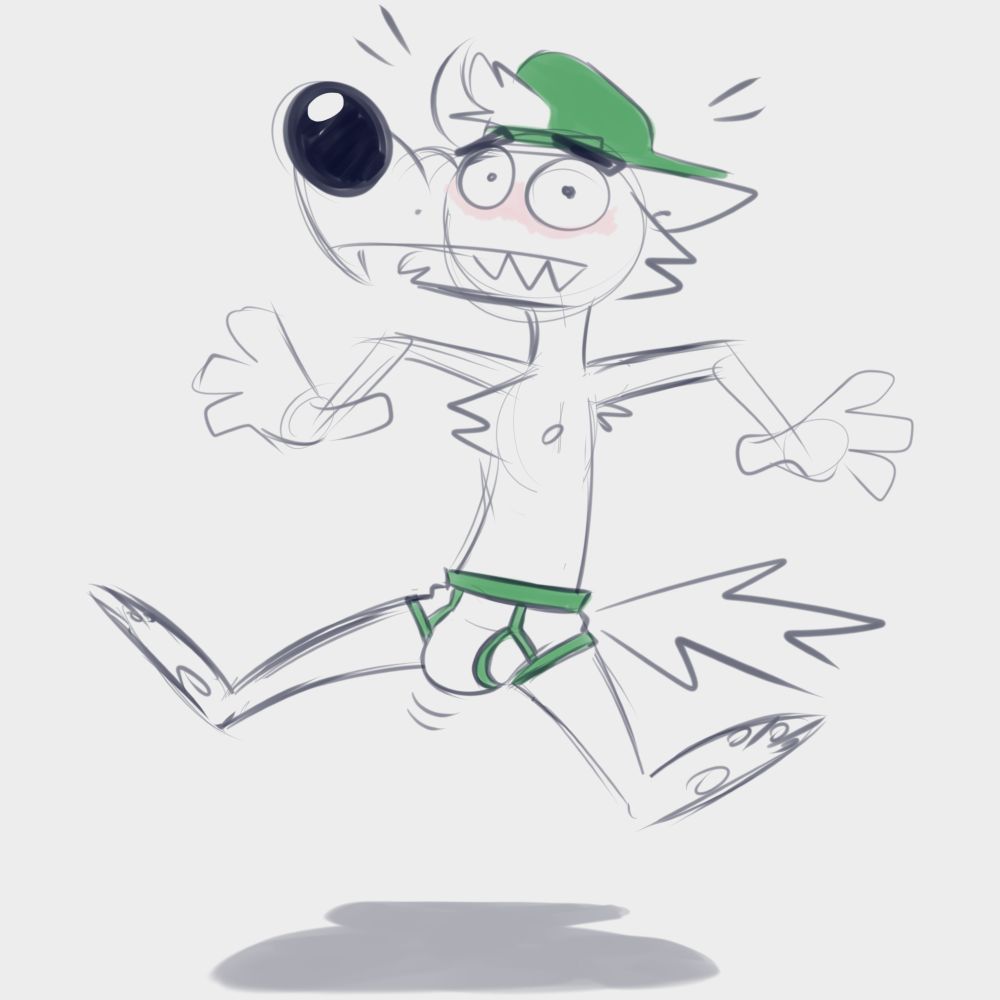 Surprised and embarrassed Stinky wolf in briefs and a backwards cap. There are motion lines under his bulge to indicate that it's jiggling.