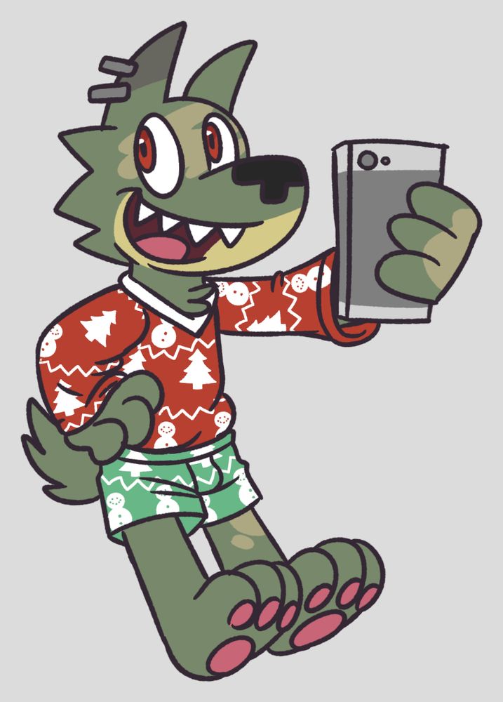 Ancient drawing of Max taking a selfie in a red Christmas sweater and green Christmas boxers.