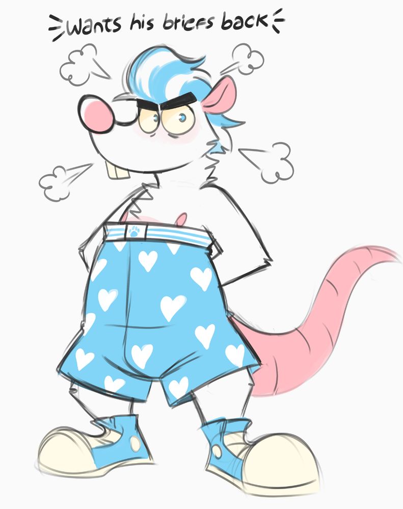 Cartoon rat with boxers that reach his nipples. He's glaring and silently fuming with "wants his briefs back" written above him.