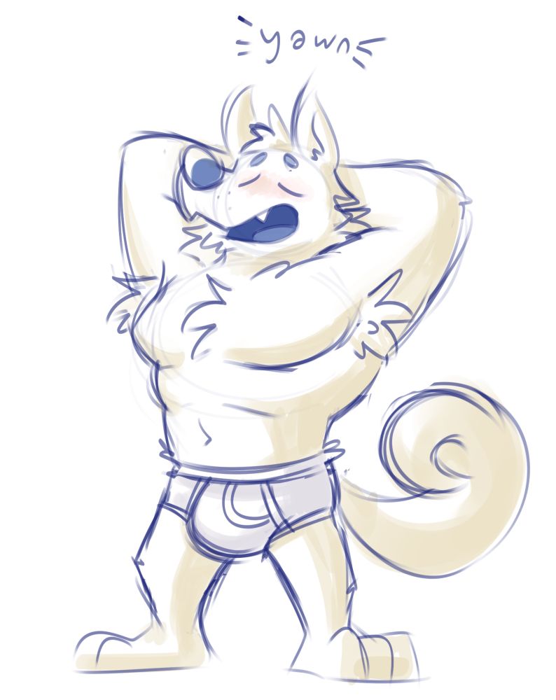 Sketchy drawing of a muscular cartoon dog in his underwear. He has his arms behind his head and he's yawning.