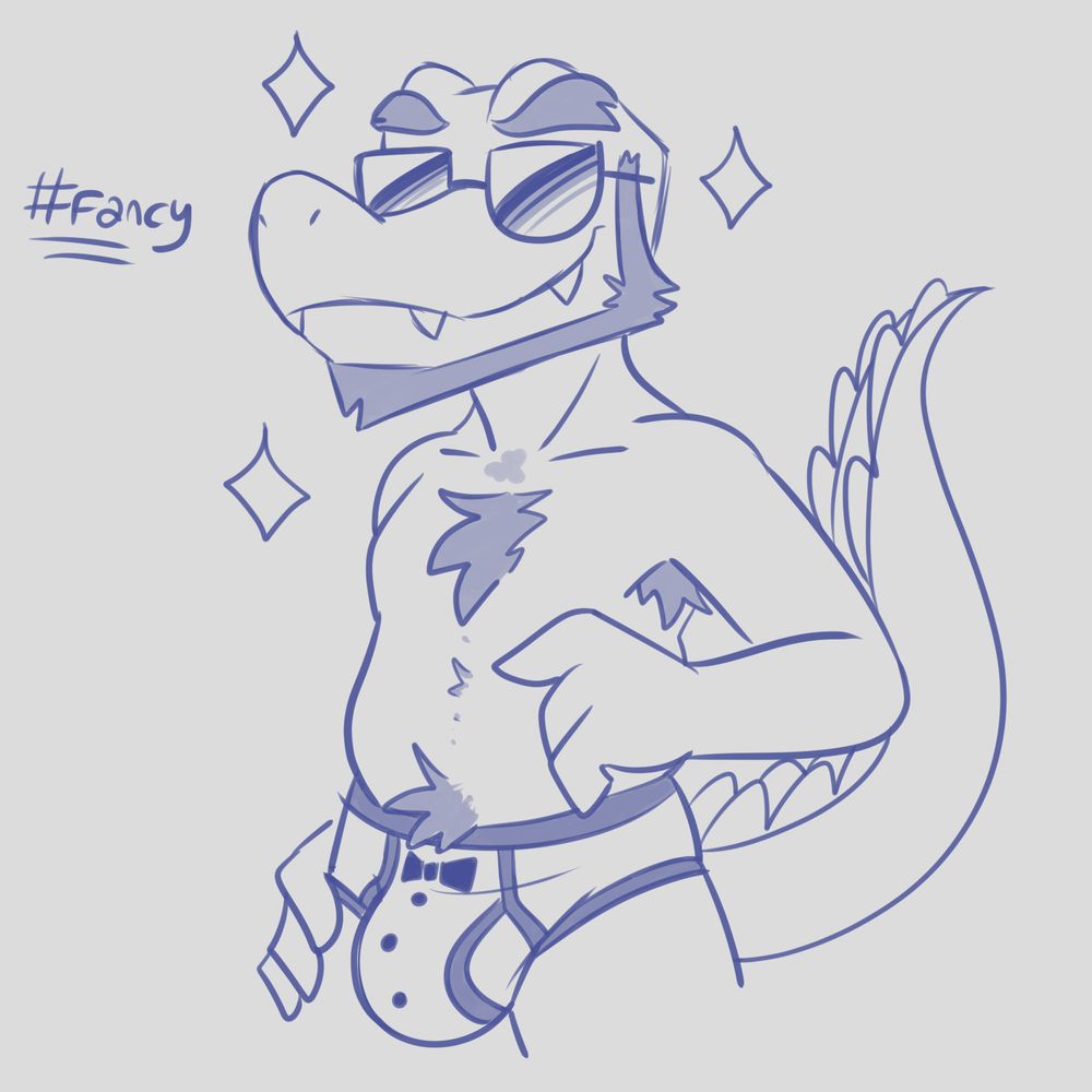 Fancy bearded hairy caiman with tuxedo briefs and sunglasses is standing with one hand on his thigh.