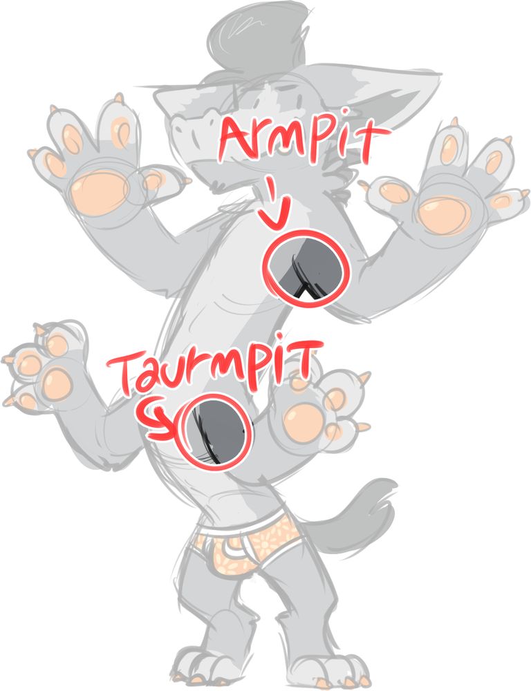 Old doodle of my hyena/donkey taur hybrid standing on his hind legs. His armpit is circled and labeled "armpit", and his foreleg's pit is labeled "taurmpit".