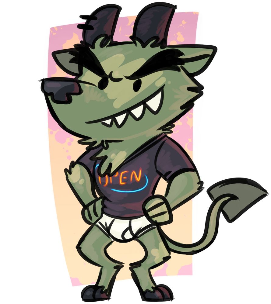 little green imp guy in an "open" shirt and white briefs.