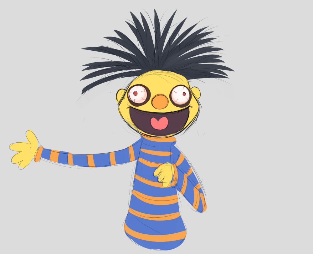 Sketchy doodle of a sleep deprived murder muppet.