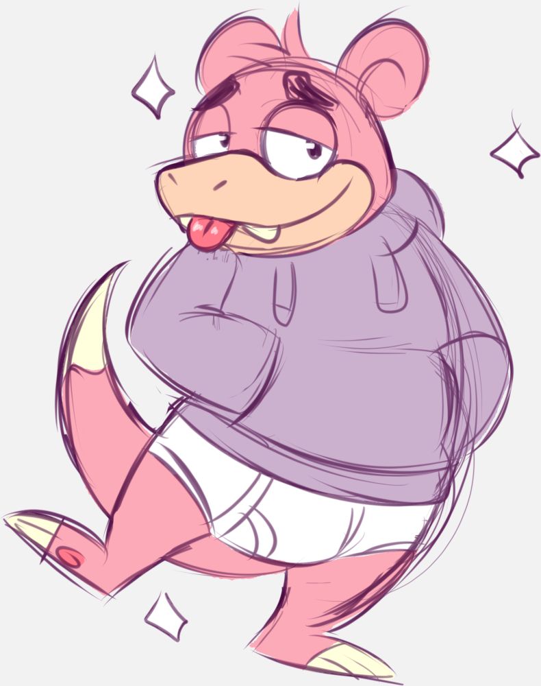 The pokemon Slowpoke in a purple hoodie and white briefs.